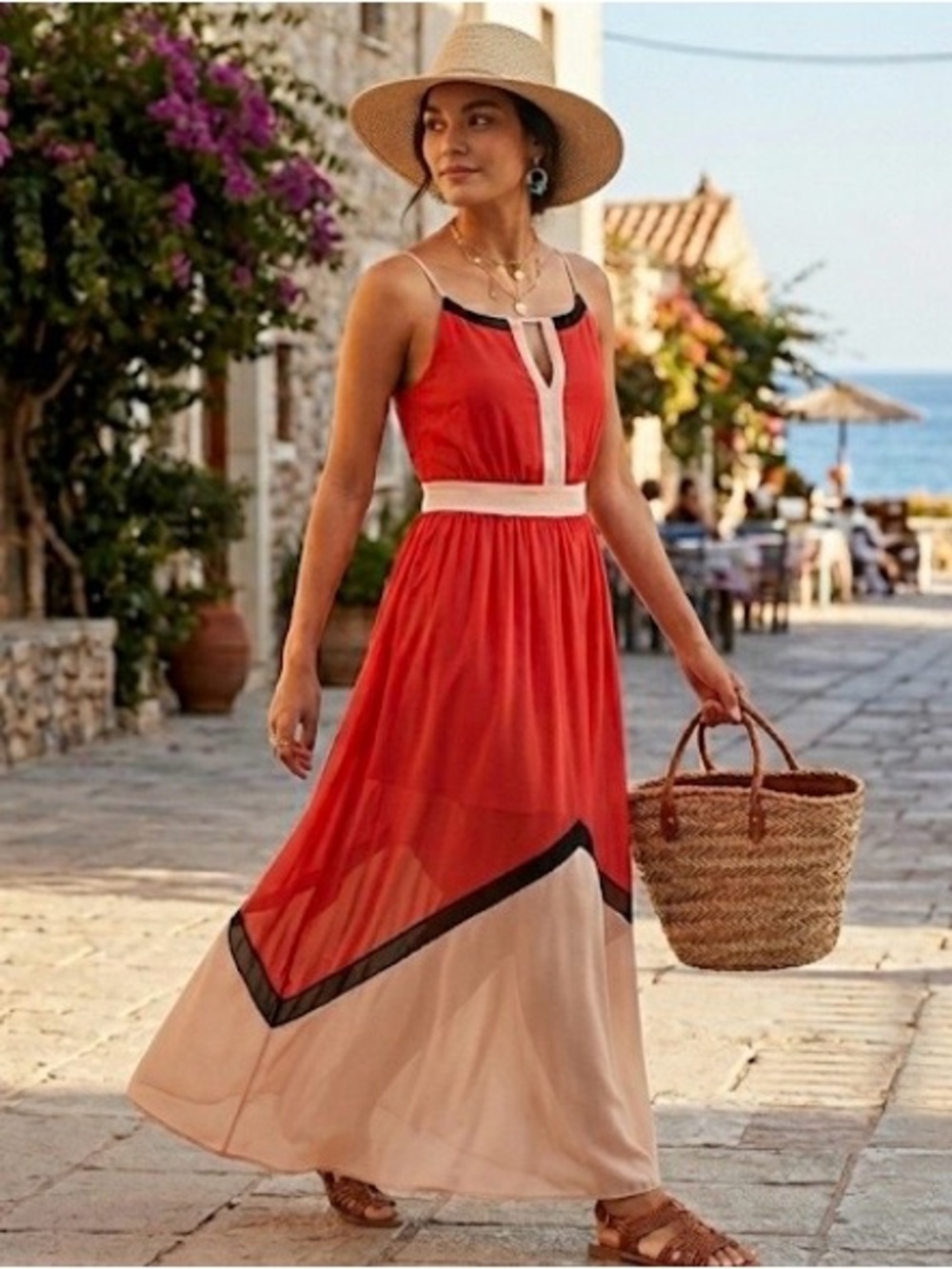 Lucy Paris Boho Chiffon Maxi Dress Blush Coral Colorblock Small NWT